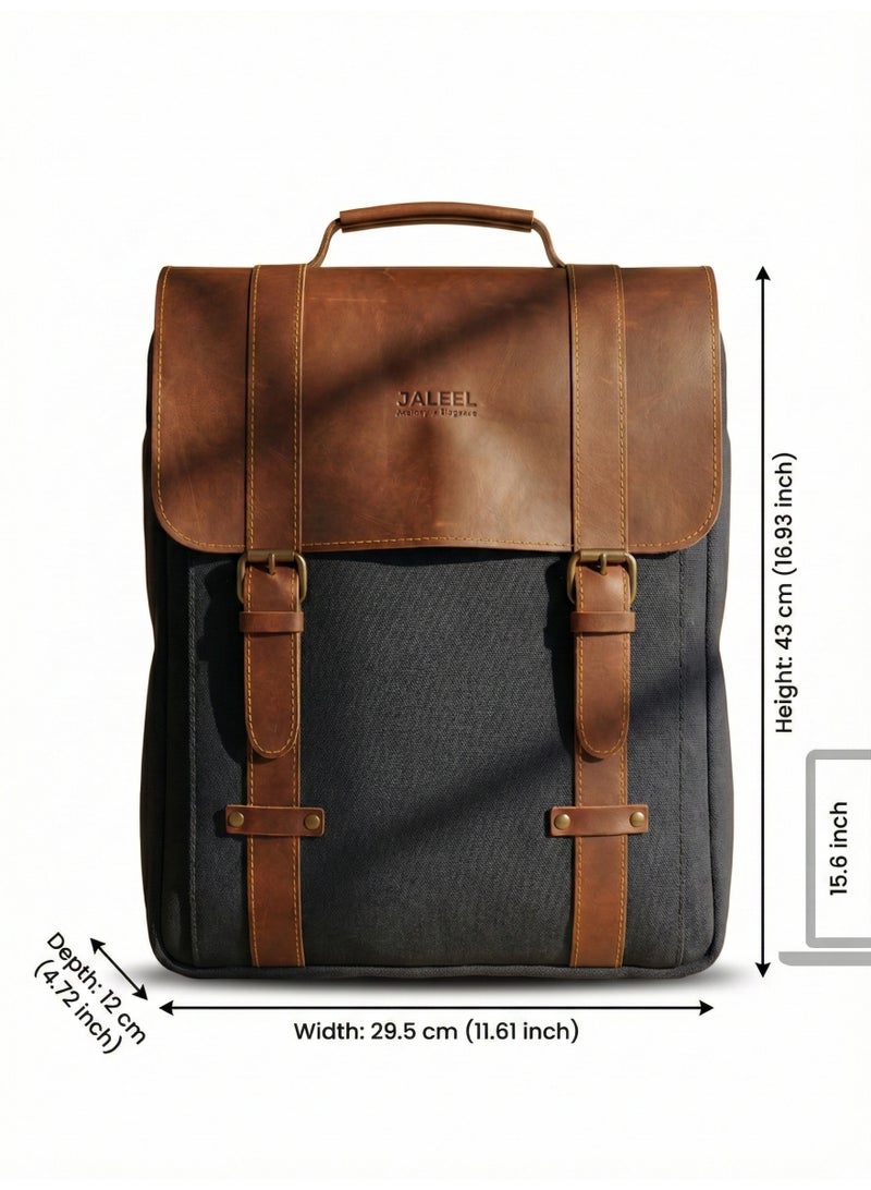 چليل شنطة ظهر للاب توب من ريجنت سيتي مصنوعة من قماش اسود وجلد بقر طبيعي 100% للعمل والجامعة، شنطة ظهر للاعمال مع حافظة لابتوب مبطنة ومنظم - جليل - Image 2